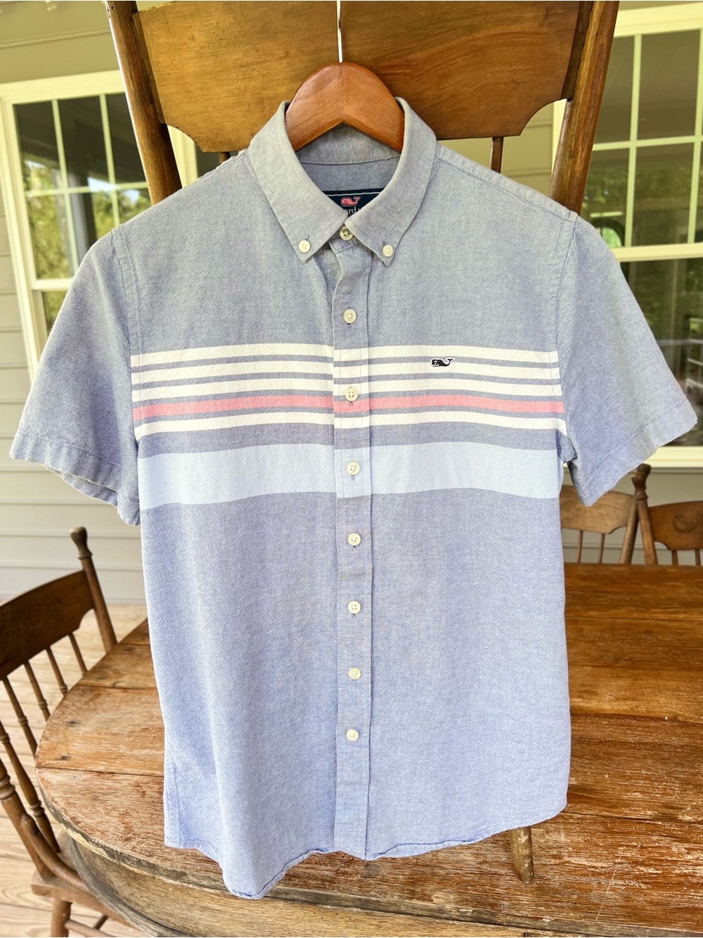 Boys Vineyard Vines Short Sleeve Button Down Shirt Blue Stripe Cotton Sz 16 L
